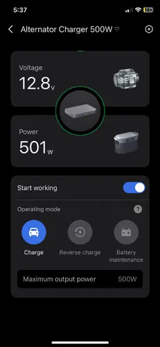 Screenshot of 500W alternator charger with XT60i cable in charge mode in EcoFlow app