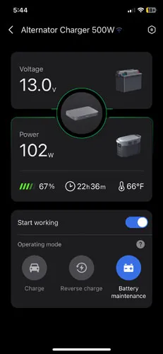 Screenshot of 500W alternator charger with XT150 cable in maintenace mode in EcoFlow app