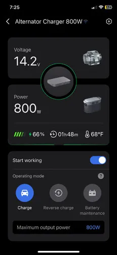 Screenshot of 800W alternator charger with XT150 cable in charge mode in EcoFlow app