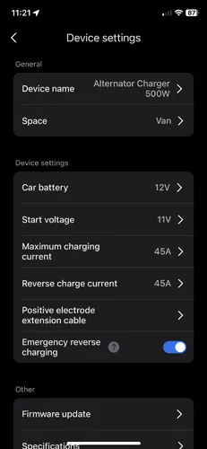 Screenshot of 500W Alternator Charger device settings with emergency reverse charge enabled in EcoFlow app